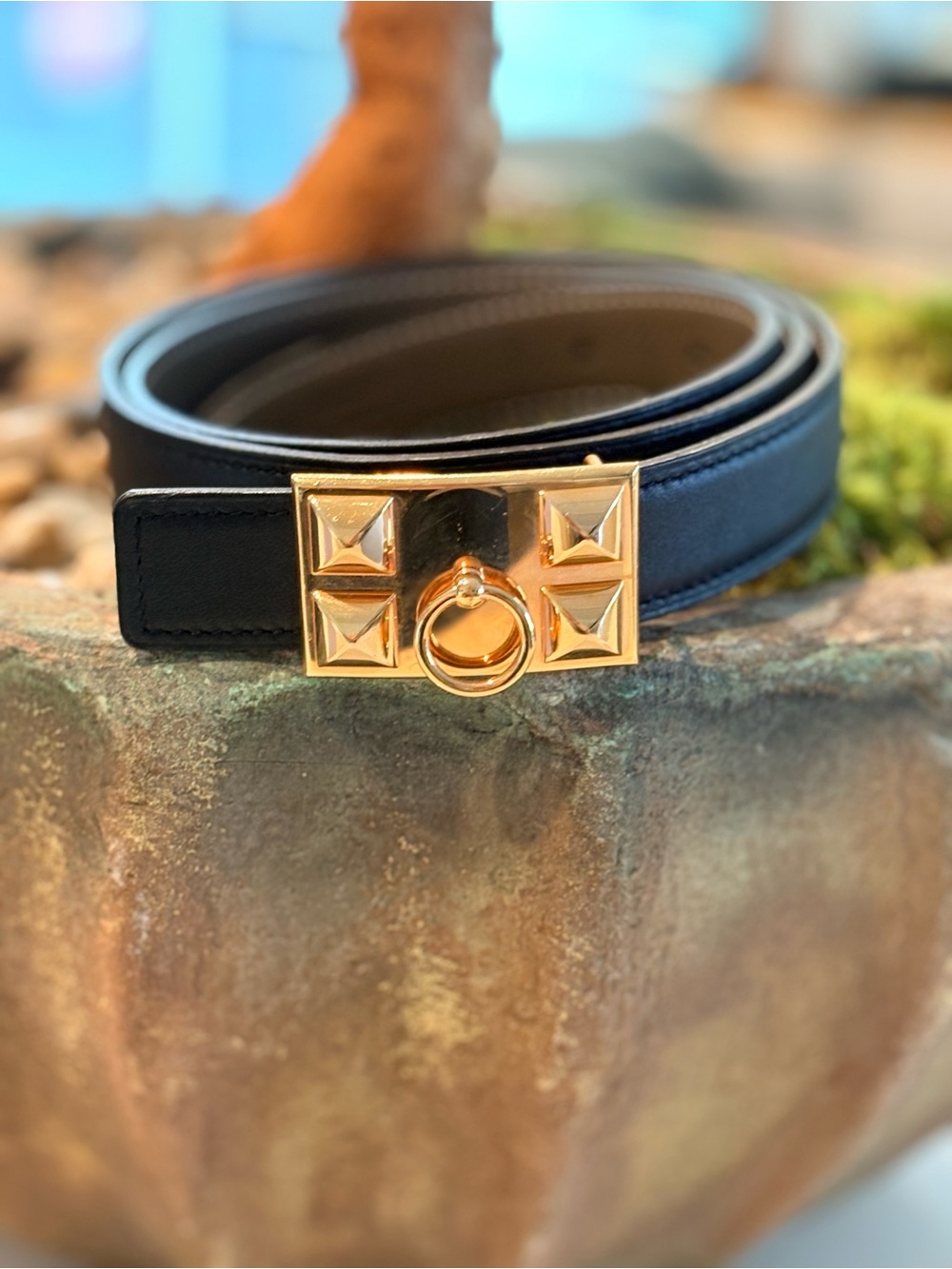Hermes Black Leather/Etoupe  Collier de chien leather belt with Gold Hardware